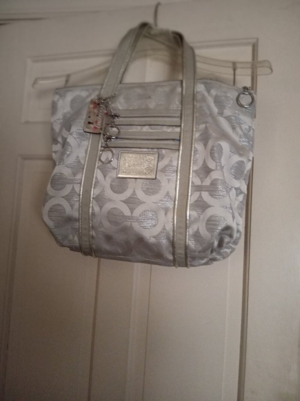 Coach Poppy Silver Metallic Signature C's fabric XL Shoulder bag, logo tags